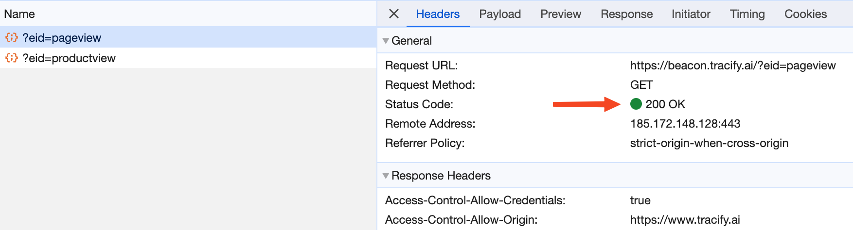 Network activity with 200 OK status code